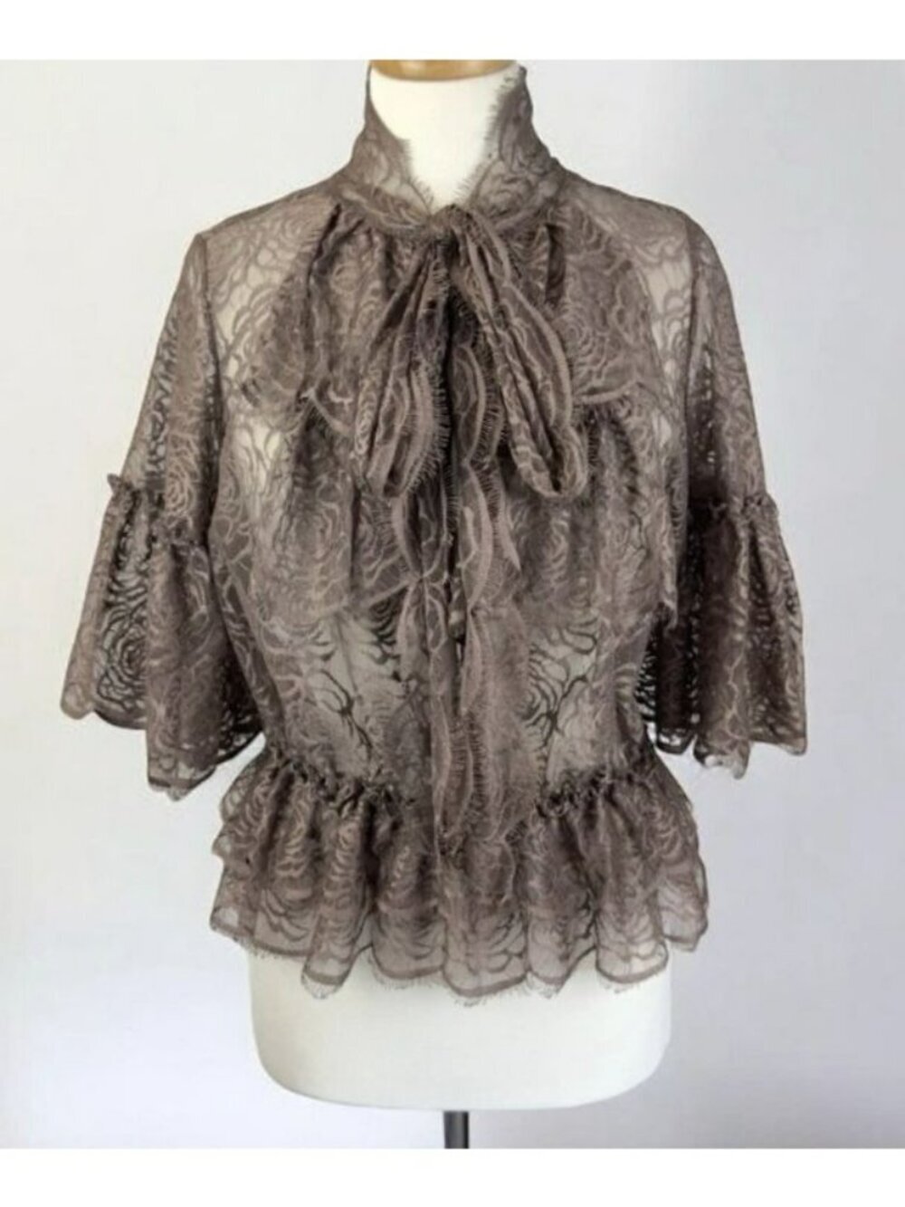 Robert Rodriguez Sheer Brown Lace Tie-Front Blouse With Button Detail Size 0